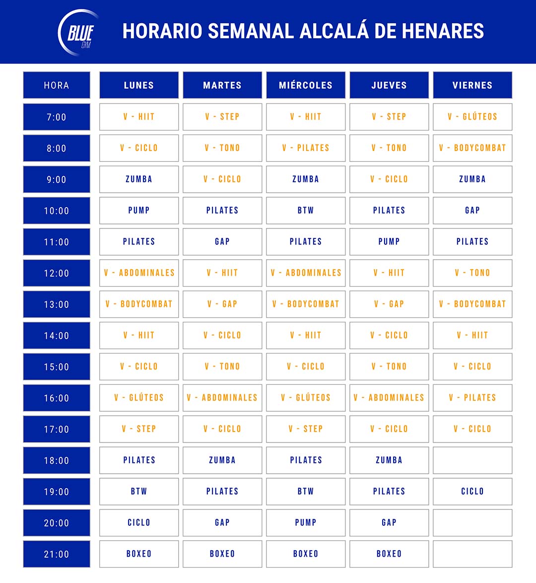 Horario semanal con el calendario de actividades en Blue Gym Alcalá de Henares.