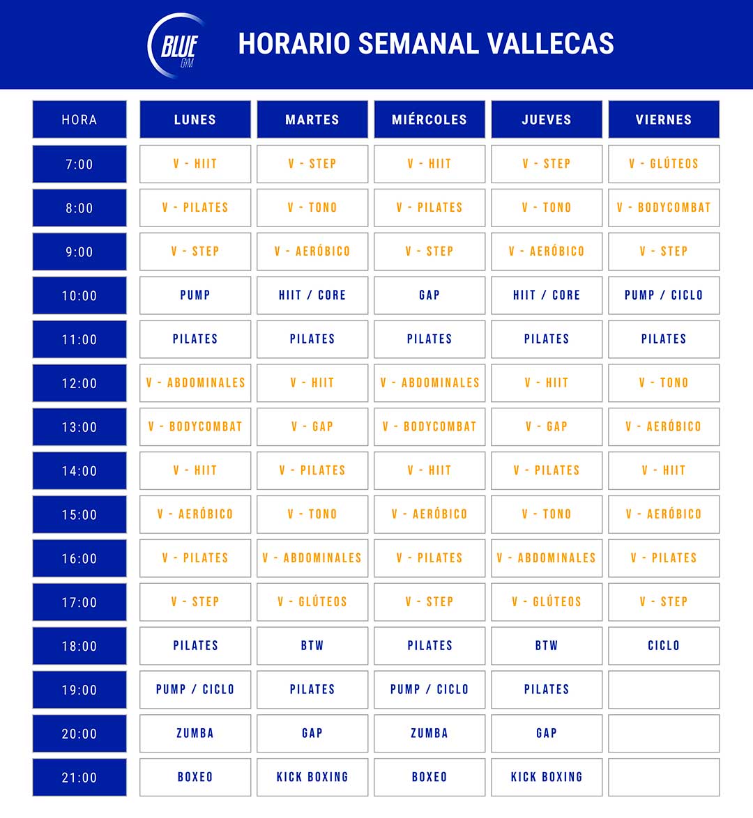 Horario semanal con el calendario de actividades en Blue Gym Vallecas.