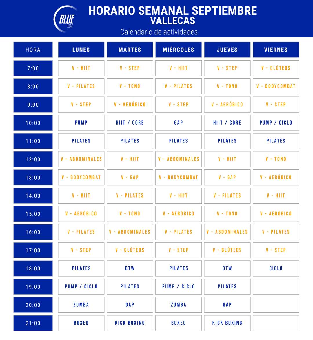 Horario semanal con el calendario de actividades en Blue Gym Vallecas.