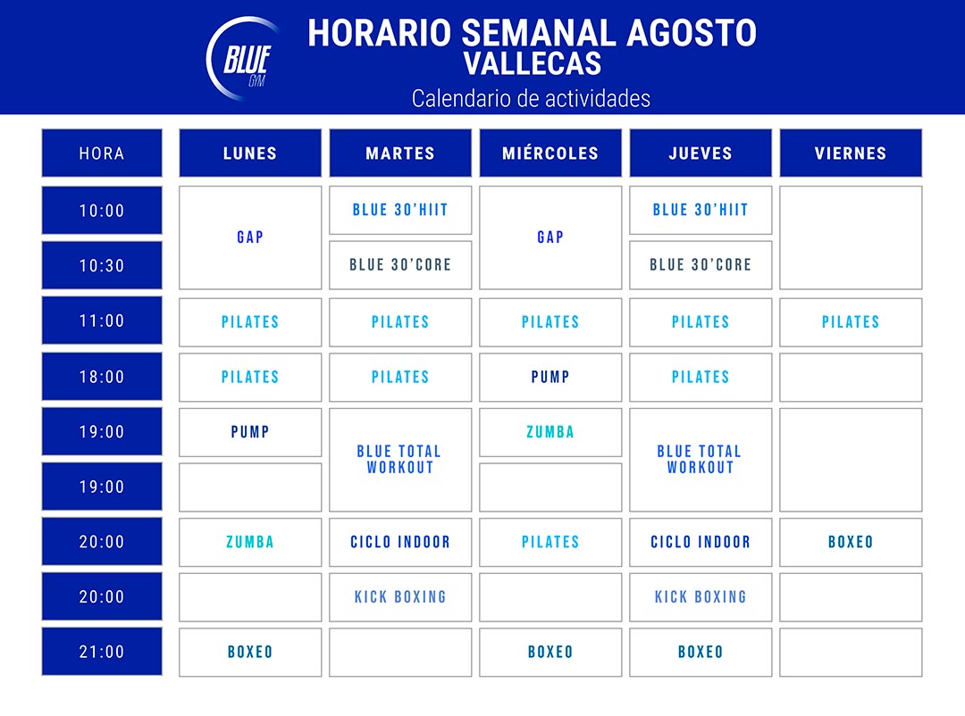 Horario semanal con el calendario de actividades en Blue Gym Vallecas.