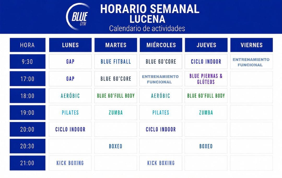Horario semanal con el calendario de actividades en Blue Gym Lucena.