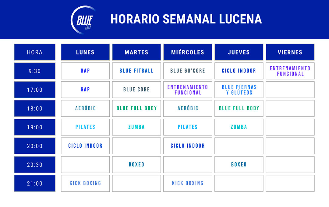 Horario semanal con el calendario de actividades en Blue Gym Lucena.