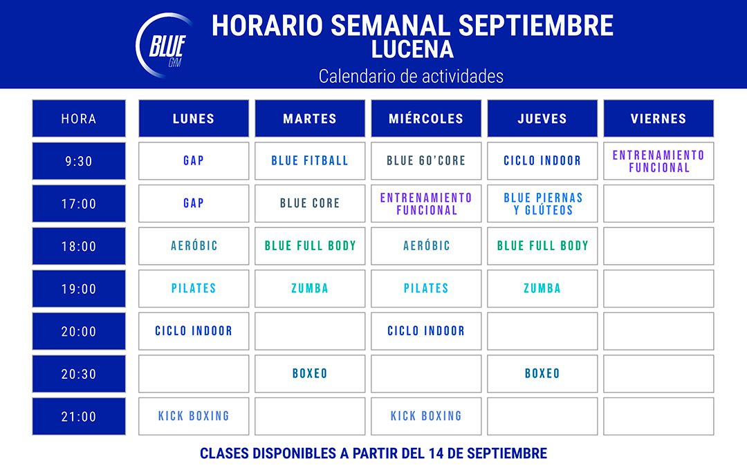 Horario semanal con el calendario de actividades en Blue Gym Lucena.